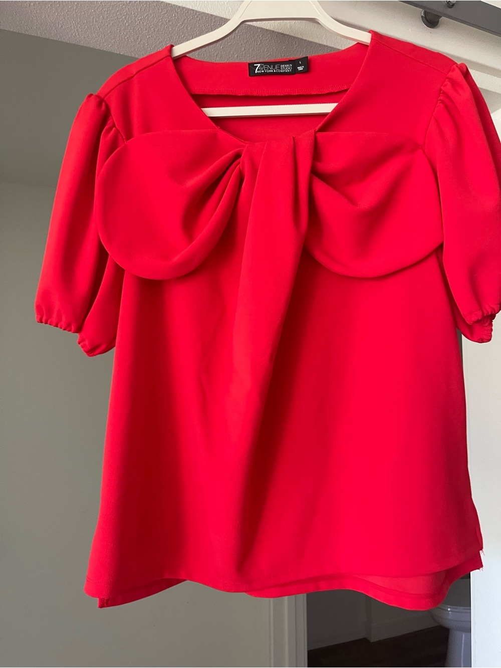 New York & Company Bright Red Bow-Front Short Sleeve Blouse